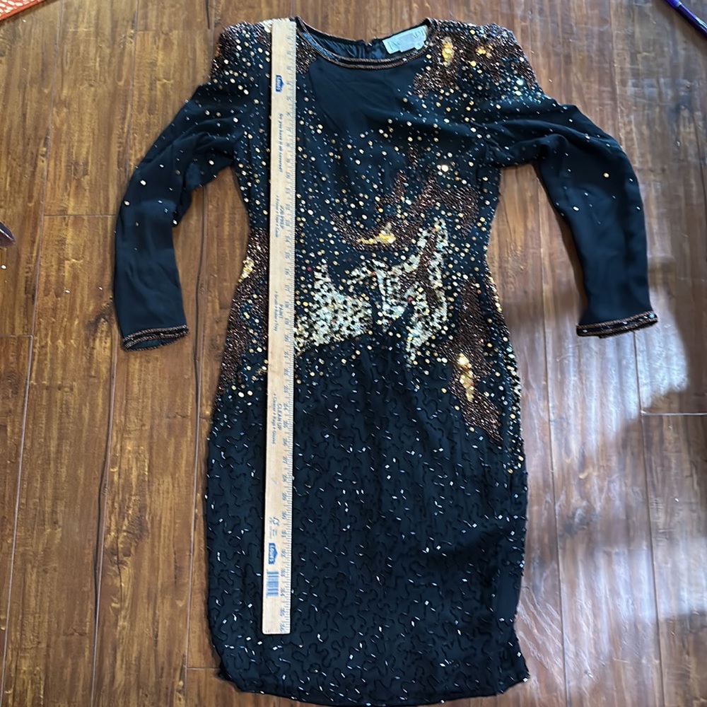 Vintage 80s A.J. Bari Size 6 Black Silk Sequin Beaded Illusion Dress - Picture 11 of 12
